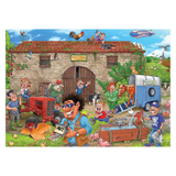 Cartoon farm scene with various characters and animals around a barn.