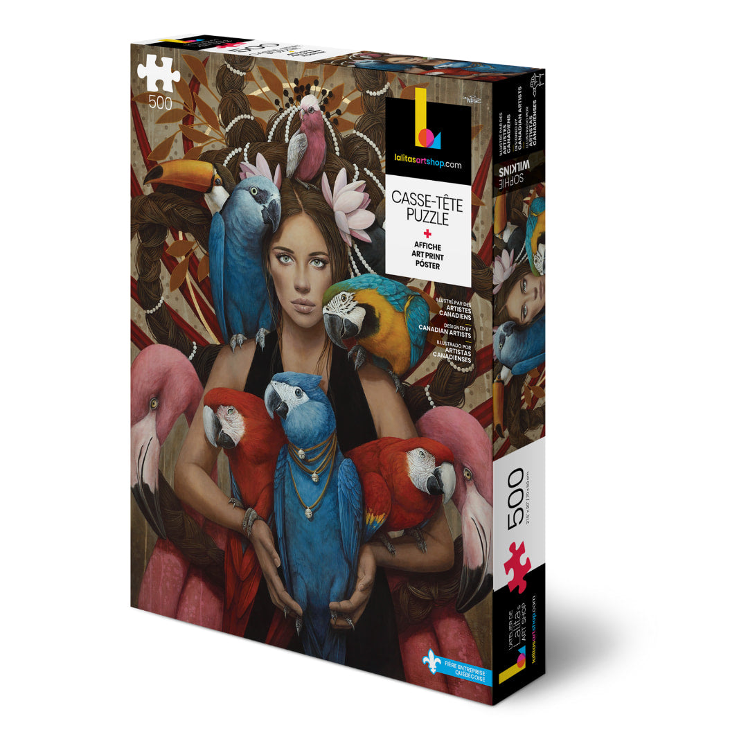 Jigsaw puzzle box with a colorful design of a woman surrounded by parrots on a white background