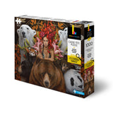 Jigsaw puzzle box with animals and a woman's face on the cover