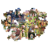 Jigsaw puzzle with a completed scene of people in a garden on a white background