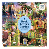 Jigsaw puzzle box titled 'A Book Lover's Garden' by Michael Kirkham with colorful illustrations of a garden scene.