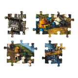 Jigsaw puzzle pieces with a scenic design on a white background