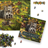 Ken Follett puzzle with cathedral design, pieces scattered around