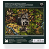 Puzzle box with a detailed illustration of a medieval landscape and cathedral, featuring text about Ken Follett's 'Kingsbridge'.