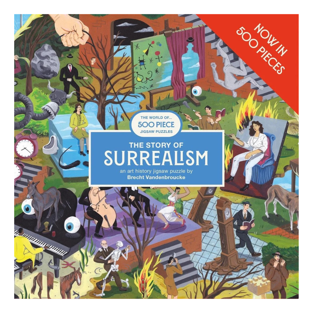 Jigsaw puzzle box titled 'The Story of Surrealism' with colorful illustrations on a red background.