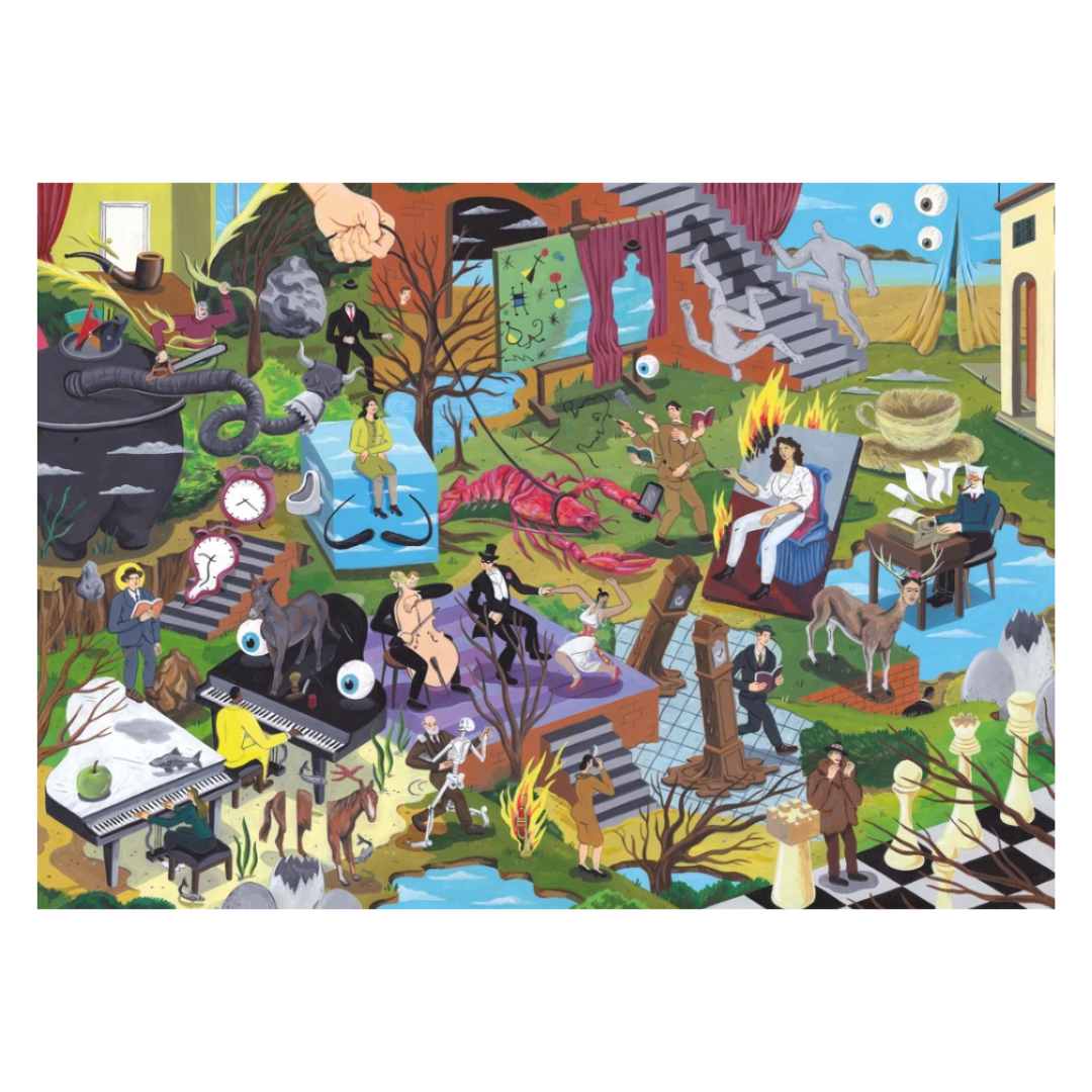 Colorful artwork with various scenes and characters on a white background