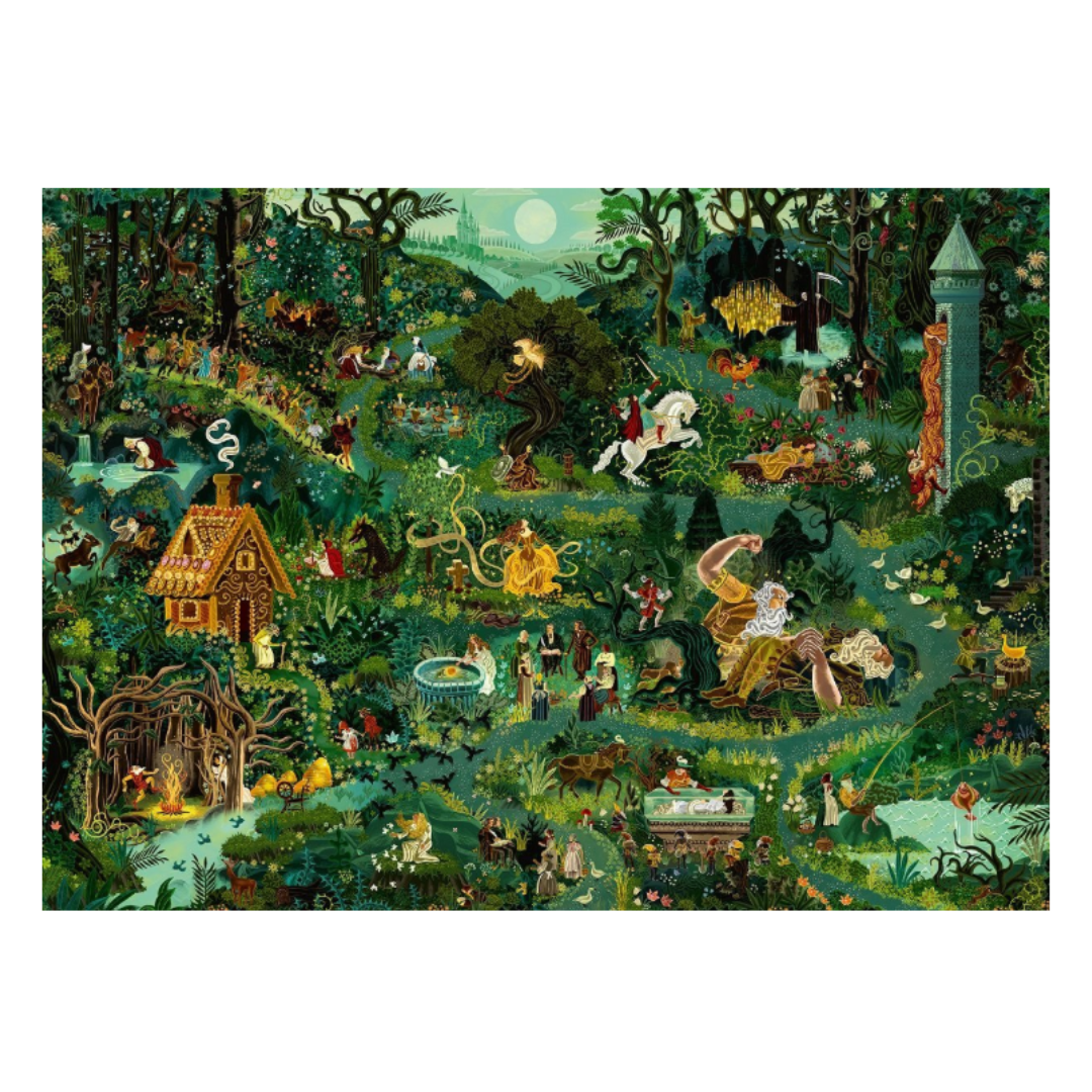 Detailed tapestry with various scenes and characters in a forest setting