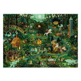 Detailed tapestry with various scenes and characters in a forest setting