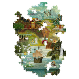 Jigsaw puzzle with a scenic design of a village by a lake on a white background