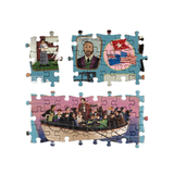 Jigsaw puzzle with historical scenes on a white background