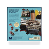 Back of a puzzle box featuring illustrations and text about the RMS Titanic.
