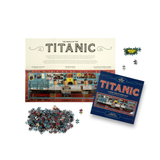 Titanic-themed puzzle set with packaging and pieces on a white background