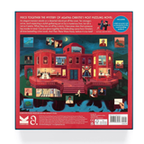 Back of a puzzle box with a red mansion illustration and text