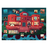 Jigsaw puzzle with a colorful design of a red building and various scenes on a blue background