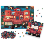 Puzzle set with a colorful illustration of a red building and scattered puzzle pieces.