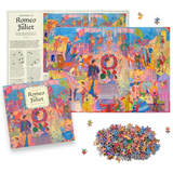 A colorful jigsaw puzzle set for Romeo and Juliet, showing the printed puzzle box, an unfolded portion of the completed puzzle, a printed instruction sheet, and a pile of small multicolored puzzle pieces on a white background.
