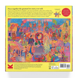 The back of a 1000-piece jigsaw puzzle box, featuring a highly detailed, colorful illustration of a romantic story from Romeo and Juliet. The box includes descriptive text, a barcode, and the Laurence King  brand logo at the bottom left.