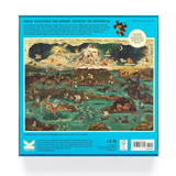 The back of a jigsaw puzzle box featuring the illustrated cover art of Homer's Odyssey. The box has a bright turquoise border with product description text, a circular badge, and a barcode at the bottom.