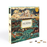 The World of The Odyssey & Other Greek Myths jigsaw puzzle box shown at an angle with several loose puzzle pieces in front, on a clean white background.