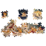 A jigsaw puzzle set displayed on a plain white background, showing both individual cut pieces and a partially assembled section of the puzzle with classical figures and warm-toned artwork.