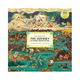 The World of The Odyssey & Other Greek Myths jigsaw puzzle box art by Adam Simpson, featuring a highly detailed, colorful illustration of Greek mythological scenes with a central cream-colored title label and a yellow '1000 PIECES' badge in the top right.