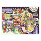 A square illustrated art print depicting a busy, colorful Christmas village scene with people, trees, gifts, fireplaces, and festive details, shown against a plain white background.