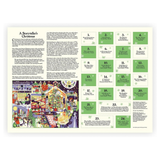 A printable or physical Christmas advent calendar titled 'A Storyteller's Christmas' with a long poem, a colorful illustrated scene, and 24 numbered green boxes arranged in four rows of six.