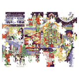 A completed multicolor jigsaw puzzle featuring a whimsical winter village scene with houses, trees, people, and animals, shown against a plain white background.