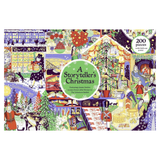 A colorful illustrated jigsaw puzzle box titled "A Storyteller's Christmas," showing a busy festive scene with Santa, children, trees, lights, and holiday activities. The box includes a circular badge that says "200 pieces with 1-fold out-poster.