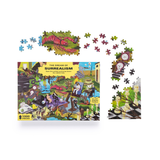 Surrealistic puzzle with pieces scattered around the box on a white background
