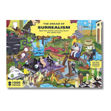 Surrealistic puzzle box with various surreal images and text on a white background