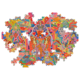 A completed jigsaw puzzle featuring a highly detailed, colorful, and busy collage of various illustrated figures, animals, and patterns, presented on a solid white background.