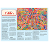 A colorful book or magazine spread titled "The World of Harry" with a large illustrated cover panel and multiple text columns on a pale blue background.