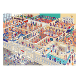 A detailed illustrated cityscape or exhibition hall scene with many small people, buildings, stalls, and architectural elements, shown as a flat artwork on a white background.