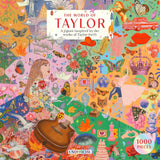 Colorful puzzle box cover with 'The World of Taylor' and Taylor Swift's name, featuring various elements inspired by her works.
