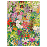 Colorful floral pattern with various types of orchids on a white background