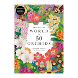 Jigsaw puzzle cover with colorful orchids on a white background