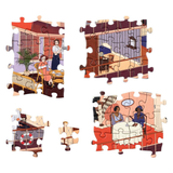 Four partially assembled jigsaw puzzle pieces arranged on a white background, each showing a different illustrated interior or lifestyle scene with people, furniture, and decor.