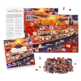 A jigsaw puzzle set titled 'Death on the Nile' shown with its box, an instruction booklet, scattered loose pieces, and a completed puzzle collage on a white background.
