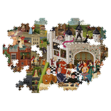 Jigsaw puzzle with a completed scene of people in a town square, with missing pieces.