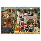 Decorative wall art with a castle and people around a table, featuring a variety of small figures and scenes.