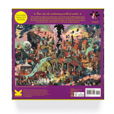 The back of a jigsaw puzzle box featuring a highly detailed, colorful illustration of a whimsical witch-themed village scene. The box has a purple border with a yellow title reading 'Soar into the enchanting world of witches' and a yellow circular badge that says 'INCLUDES FOLD-OUT POSTER'.
