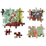 A set of illustrated jigsaw puzzle pieces arranged on a white background, showing four separate puzzle panels with a folk-art style scene featuring a woman in a red hat among trees and figures in a village.