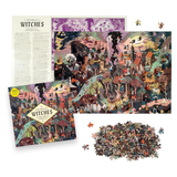 A jigsaw puzzle set for 'The World of A Luminous Age: Witches' shown with the completed puzzle, the printed booklet, the puzzle box, and a pile of loose pieces on a white background.