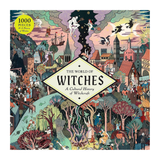 The World of Witches jigsaw puzzle cover featuring a highly detailed, colorful illustration of a mystical village scene with witches, trees, and buildings. A yellow circular badge in the top left corner reads '1000 PIECES & A History of Witchcraft'.