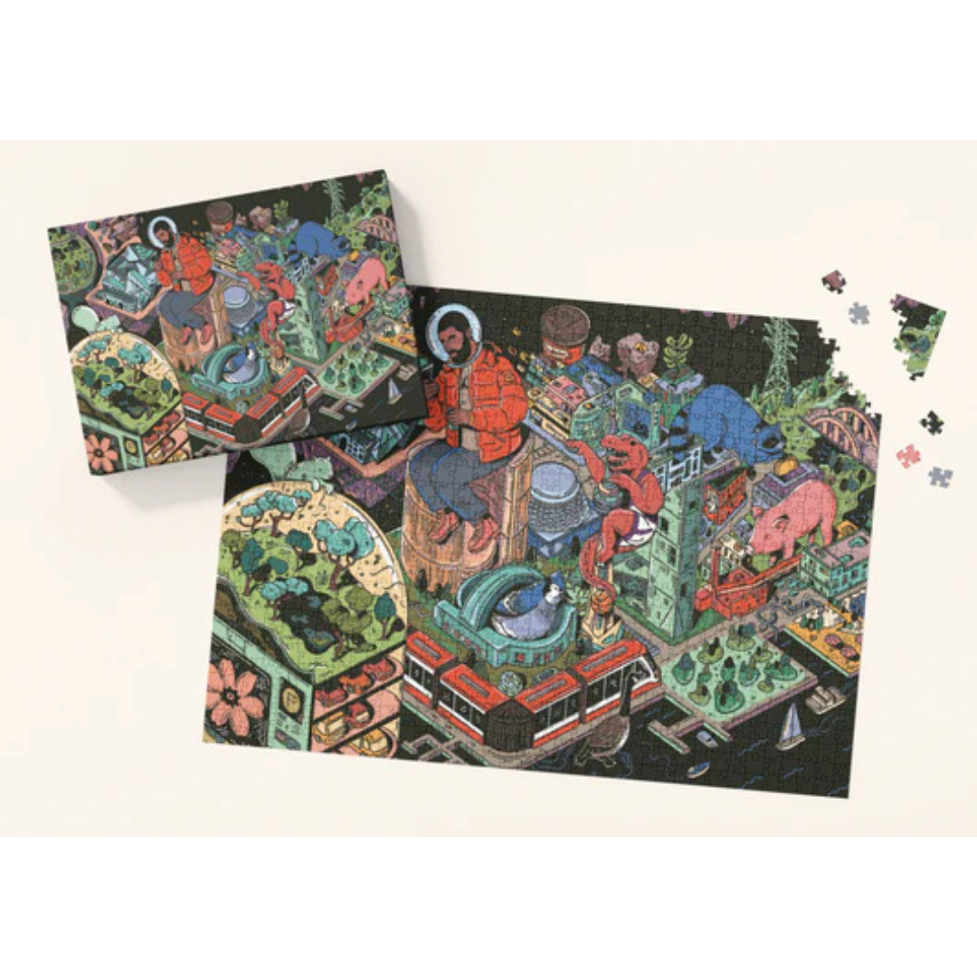 Colorful puzzle with a completed section and missing pieces on a white background