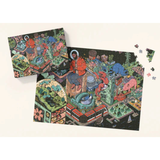 Colorful puzzle with a completed section and missing pieces on a white background