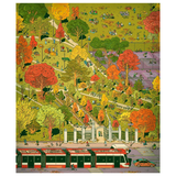A colorful illustration showing a park scene with trees in autumn colors, winding paths, small people activities, and a red and white streetcar at the bottom.