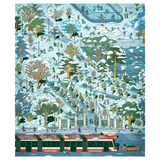 A detailed illustrated winter city scene with snow-covered trees, people walking and skiing, park paths, streetcars, and a taxi, rendered in a pastel multicolor art style.