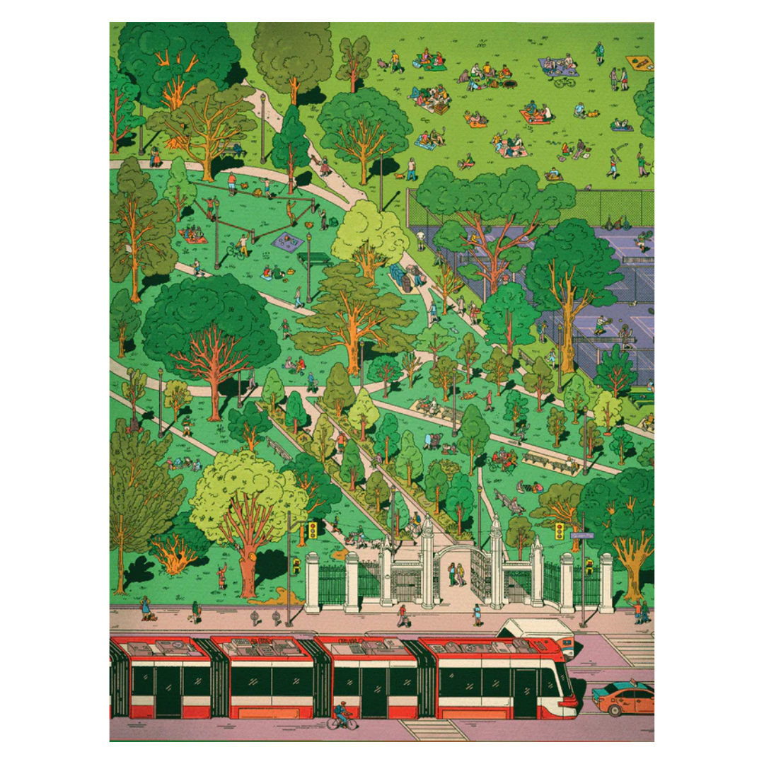 Illustration of a park with people, trees, and a tram on a green background